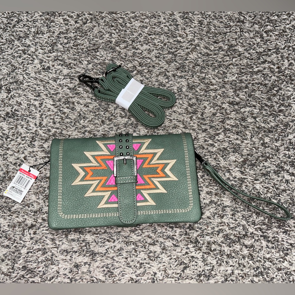 Embroidered Green Buckle Wristlet Clutch with Detachable Strap